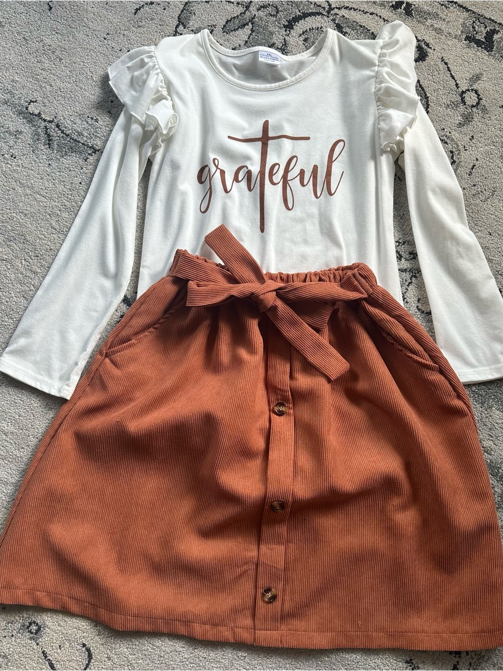 Girls XL “Grateful” and rust brown corduroy skirt set